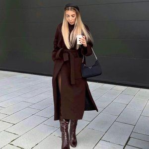 NWT ZARA Manteco Wool Belted Coat Brown Patch pockets Blogger favorite SZ XS